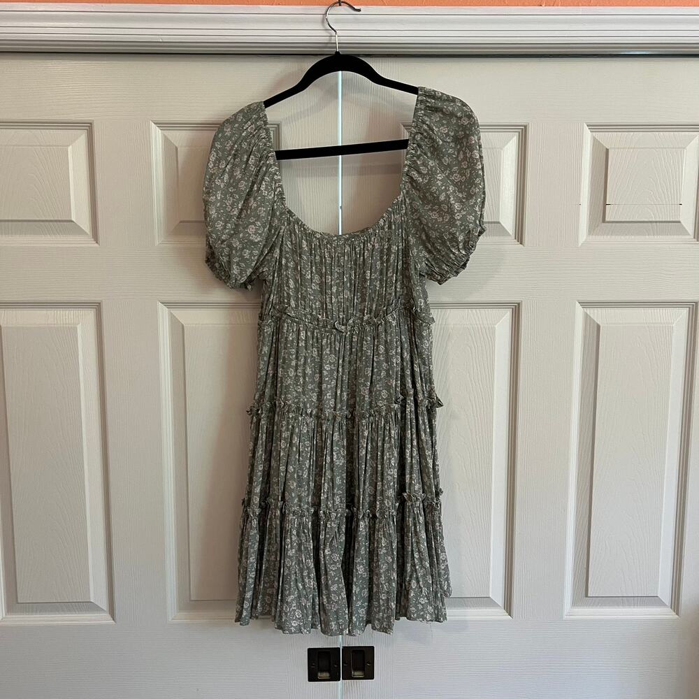 Blu Pepper Green Floral Sun Dress Size L Cottagecore Light Academia Fairy Flowy - Picture 2 of 8